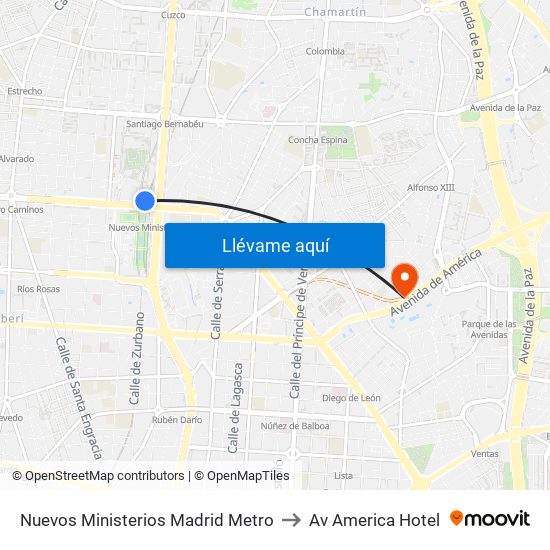Nuevos Ministerios Madrid Metro to Av America Hotel map