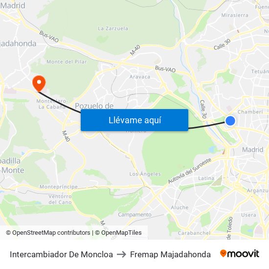 Intercambiador De Moncloa to Fremap Majadahonda map