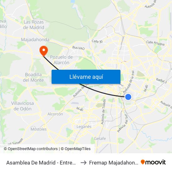 Asamblea De Madrid - Entrevías to Fremap Majadahonda map