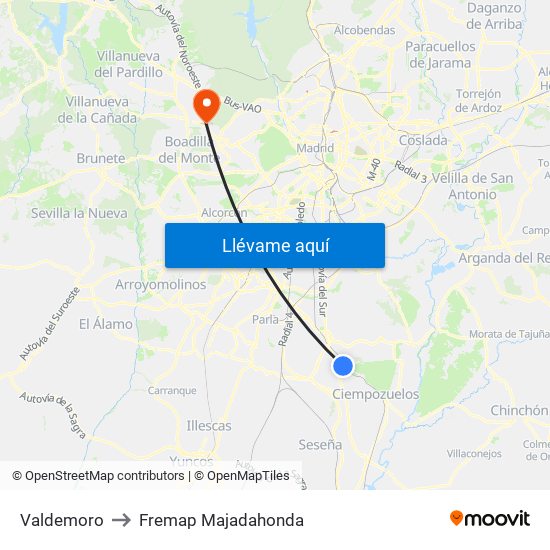 Valdemoro to Fremap Majadahonda map