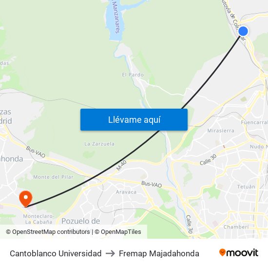 Cantoblanco Universidad to Fremap Majadahonda map