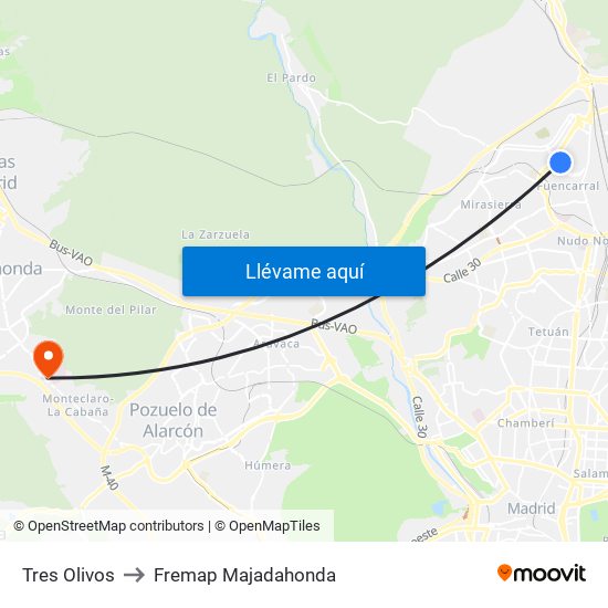 Tres Olivos to Fremap Majadahonda map