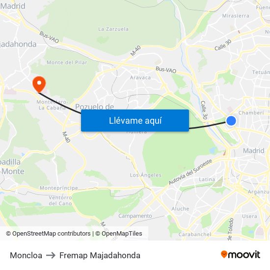 Moncloa to Fremap Majadahonda map
