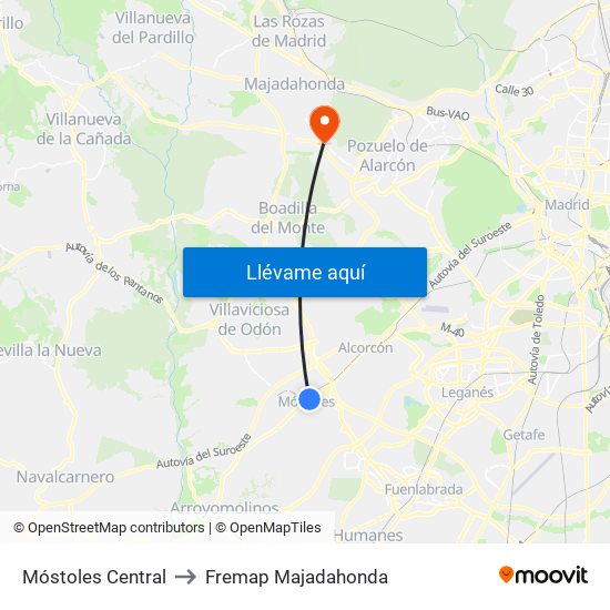 Móstoles Central to Fremap Majadahonda map