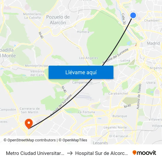 Ciudad Universitaria to Hospital Sur de Alcorcón map