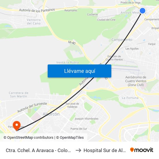 Ctra. Cchel. A Aravaca - Colonia Jardín to Hospital Sur de Alcorcón map