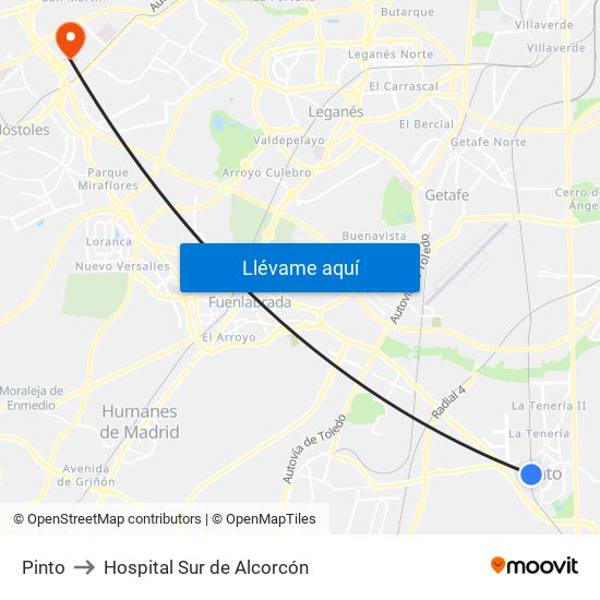 Pinto to Hospital Sur de Alcorcón map