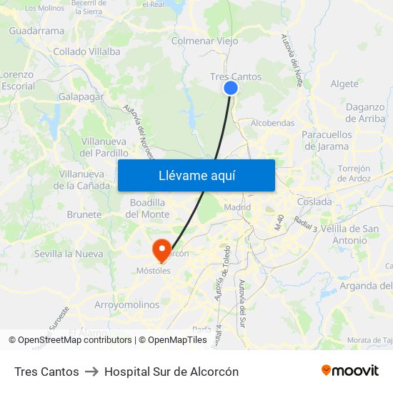 Tres Cantos to Hospital Sur de Alcorcón map
