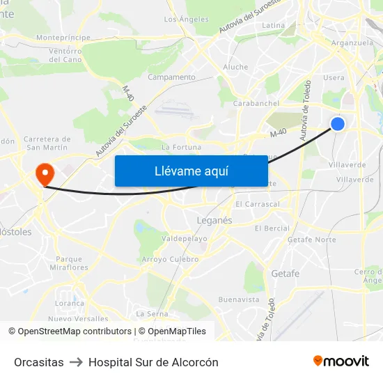 Orcasitas to Hospital Sur de Alcorcón map