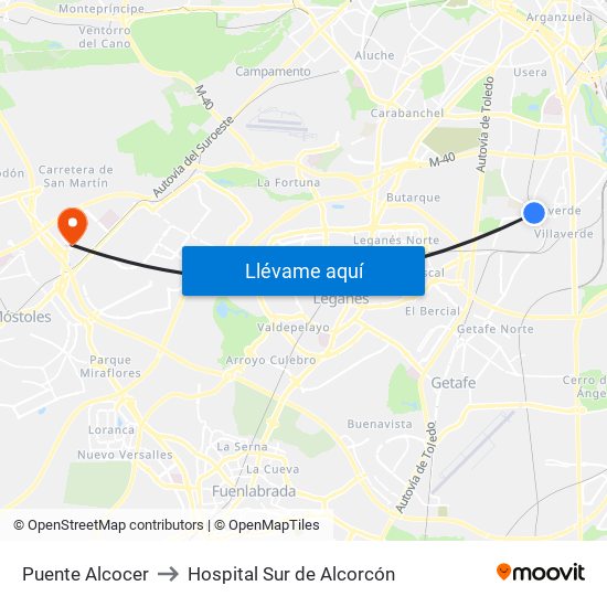 Puente Alcocer to Hospital Sur de Alcorcón map