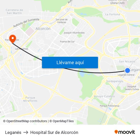 Leganés to Hospital Sur de Alcorcón map