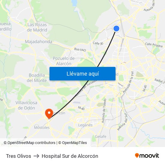 Tres Olivos to Hospital Sur de Alcorcón map