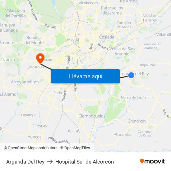 Arganda Del Rey to Hospital Sur de Alcorcón map