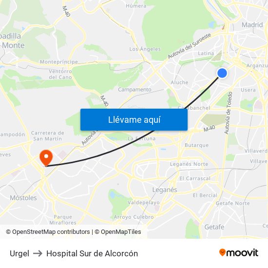 Urgel to Hospital Sur de Alcorcón map