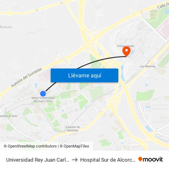 Universidad Rey Juan Carlos to Hospital Sur de Alcorcón map