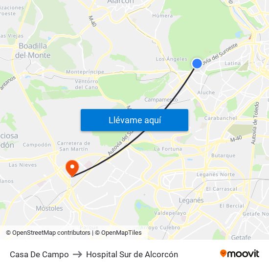 Casa De Campo to Hospital Sur de Alcorcón map