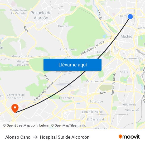 Alonso Cano to Hospital Sur de Alcorcón map