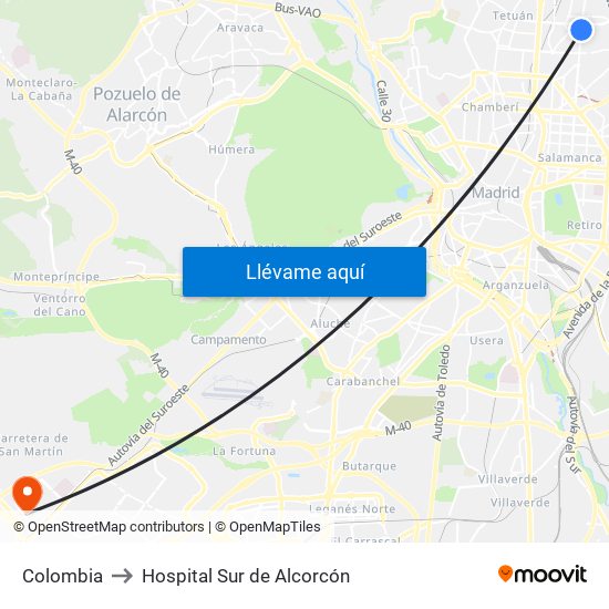 Colombia to Hospital Sur de Alcorcón map