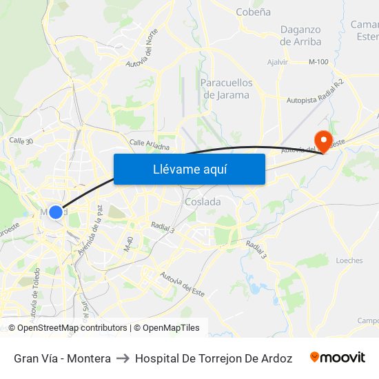 Gran Vía - Montera to Hospital De Torrejon De Ardoz map