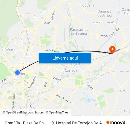 Gran Vía - Plaza De España to Hospital De Torrejon De Ardoz map