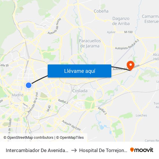 Intercambiador De Avenida De América to Hospital De Torrejon De Ardoz map