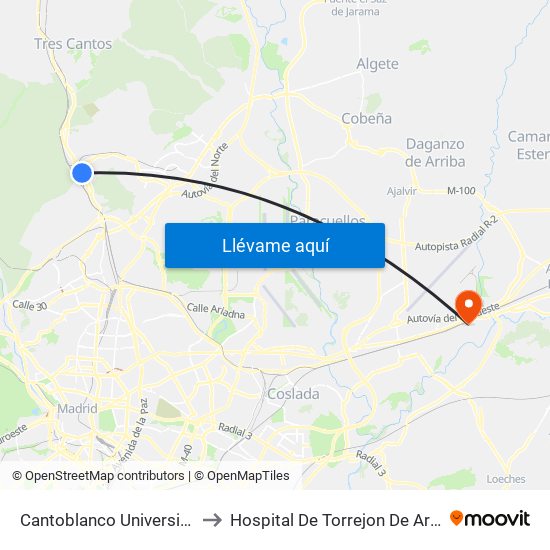 Cantoblanco Universidad to Hospital De Torrejon De Ardoz map