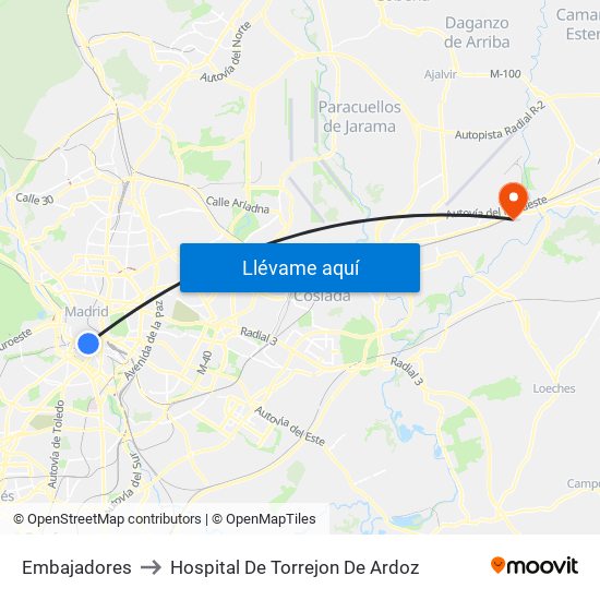 Embajadores to Hospital De Torrejon De Ardoz map