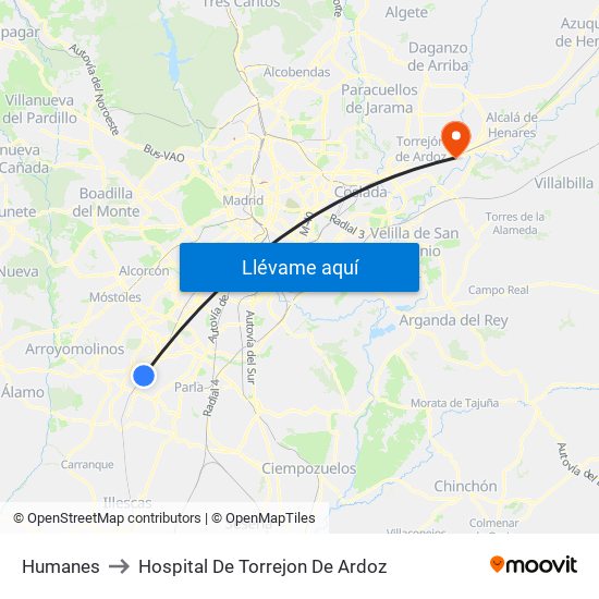 Humanes to Hospital De Torrejon De Ardoz map