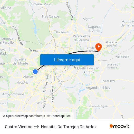 Cuatro Vientos to Hospital De Torrejon De Ardoz map