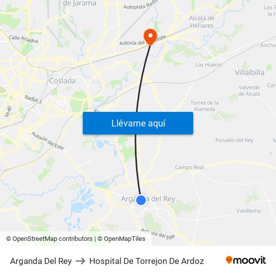 Arganda Del Rey to Hospital De Torrejon De Ardoz map