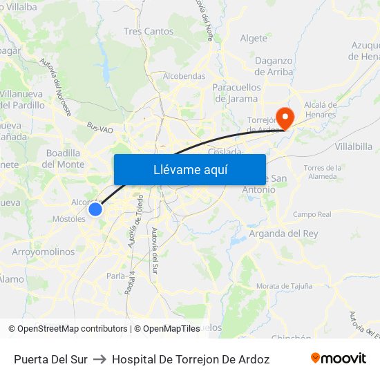 Puerta Del Sur to Hospital De Torrejon De Ardoz map