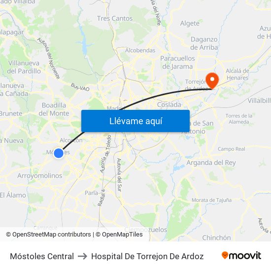 Móstoles Central to Hospital De Torrejon De Ardoz map