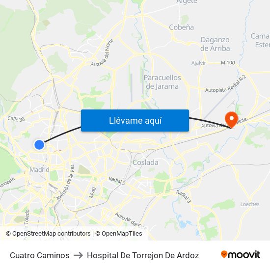 Cuatro Caminos to Hospital De Torrejon De Ardoz map