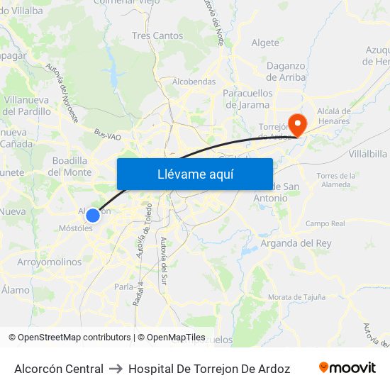 Alcorcón Central to Hospital De Torrejon De Ardoz map