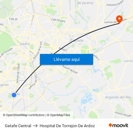 Getafe Central to Hospital De Torrejon De Ardoz map