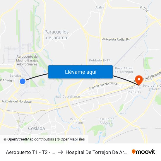 Aeropuerto T1 - T2 - T3 to Hospital De Torrejon De Ardoz map