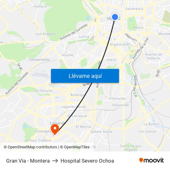 Gran Vía - Montera to Hospital Severo Ochoa map