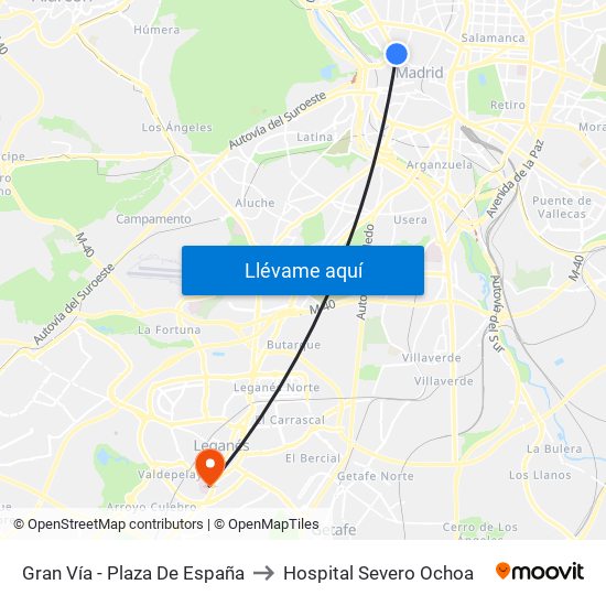 Gran Vía - Plaza De España to Hospital Severo Ochoa map