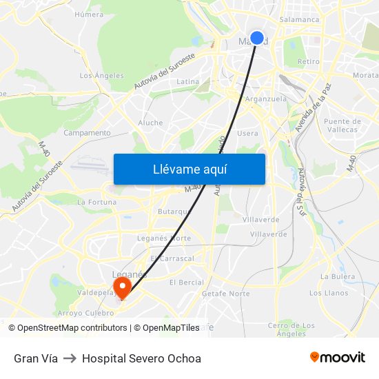 Gran Vía to Hospital Severo Ochoa map