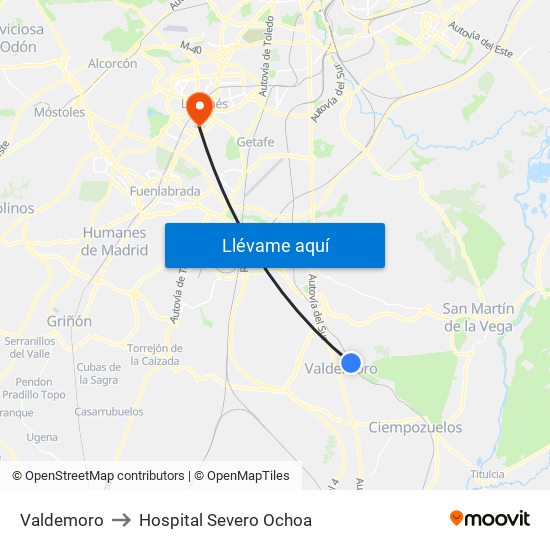 Valdemoro to Hospital Severo Ochoa map