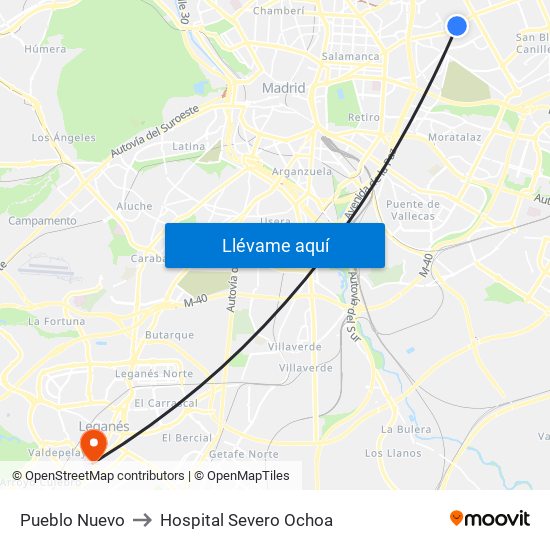 Pueblo Nuevo to Hospital Severo Ochoa map