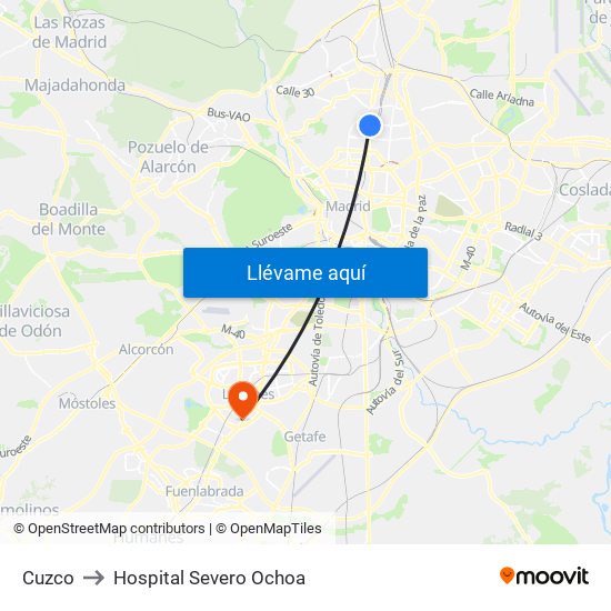 Cuzco to Hospital Severo Ochoa map