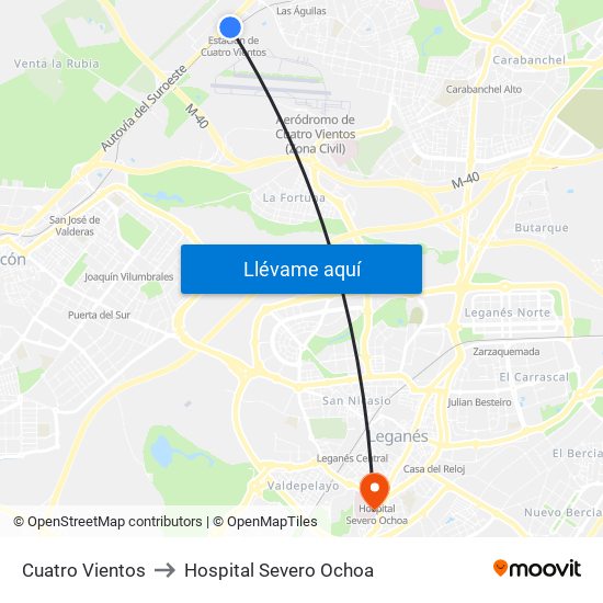 Cuatro Vientos to Hospital Severo Ochoa map