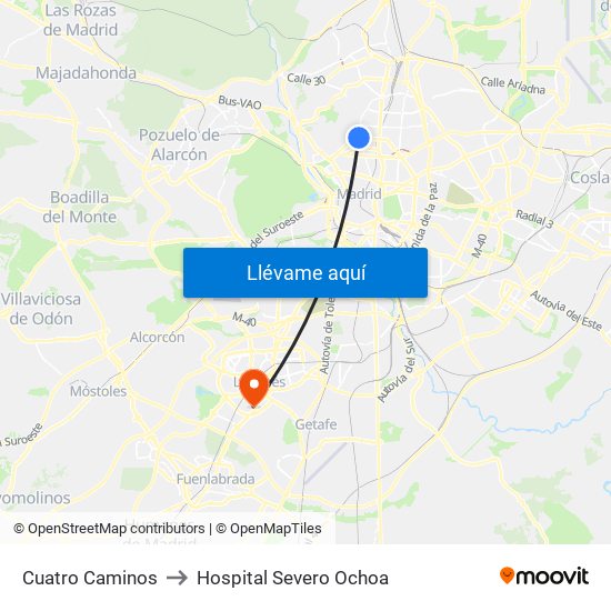 Cuatro Caminos to Hospital Severo Ochoa map