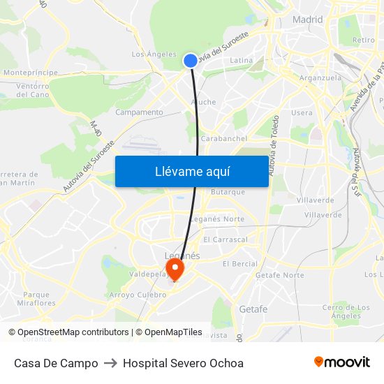 Casa De Campo to Hospital Severo Ochoa map