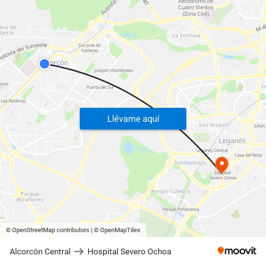 Alcorcón Central to Hospital Severo Ochoa map