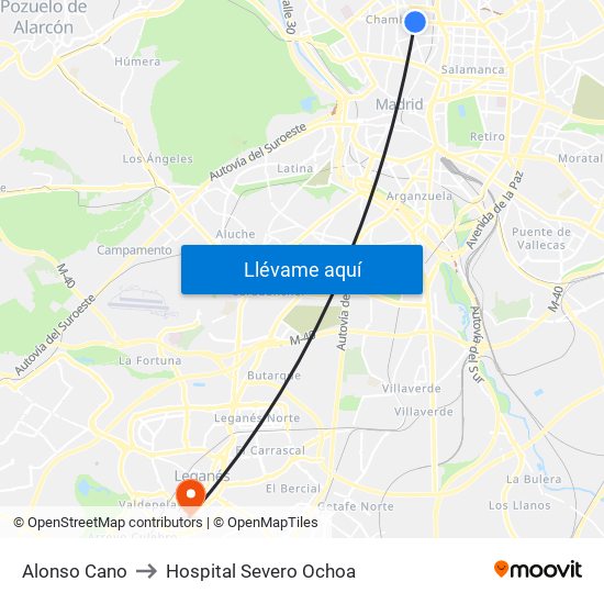 Alonso Cano to Hospital Severo Ochoa map
