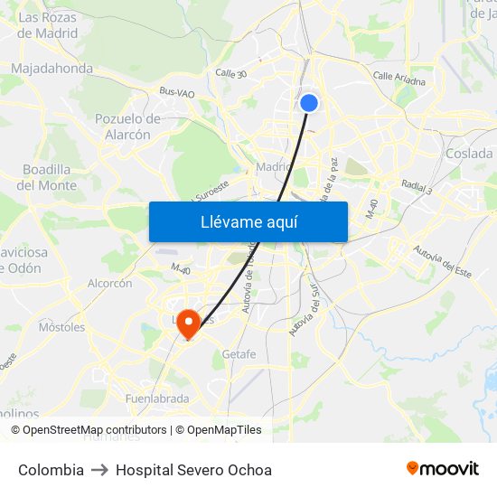 Colombia to Hospital Severo Ochoa map