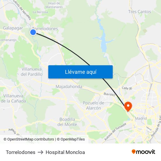 Torrelodones to Hospital Moncloa map