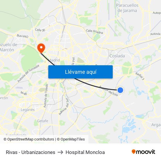 Rivas - Urbanizaciones to Hospital Moncloa map